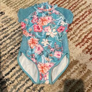 Art Class Kids Swim One Piece - Blue and Pink Floral